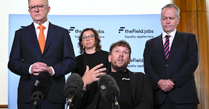 2022 Australian of the Year Dylan Alcott speaks to the media surrounded by Australian Prime Minister Anthony Albanese, Australian Minister for the National Disability Insurance Scheme Bill Shorten and Minister for Social Services Amanda Rishworth during the launch of disability employment website ‘The Field’, at Parliament House in Canberra, Wednesday, November 9, 2022.