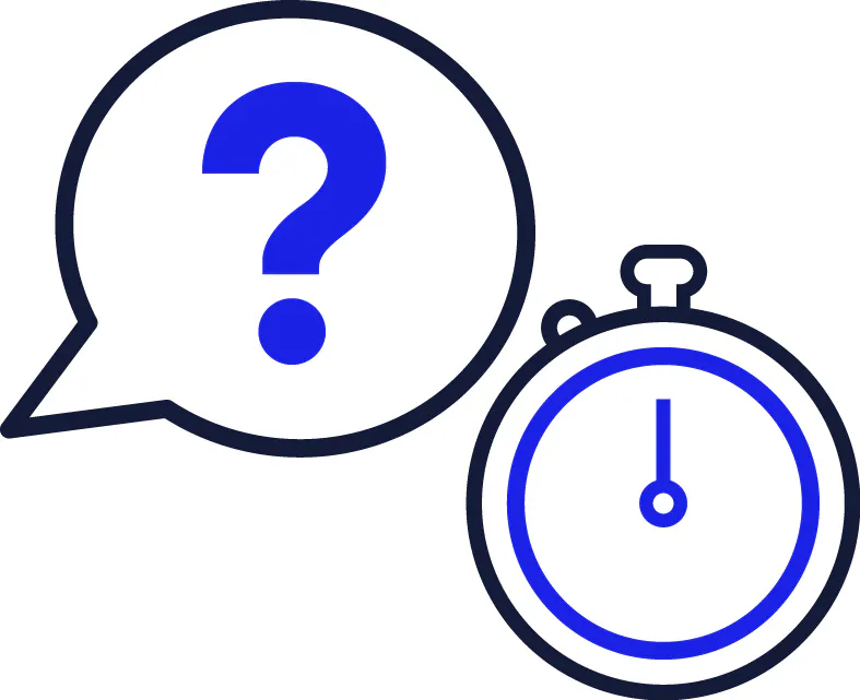 A question mark in a speech bubble next to a stopwatch.