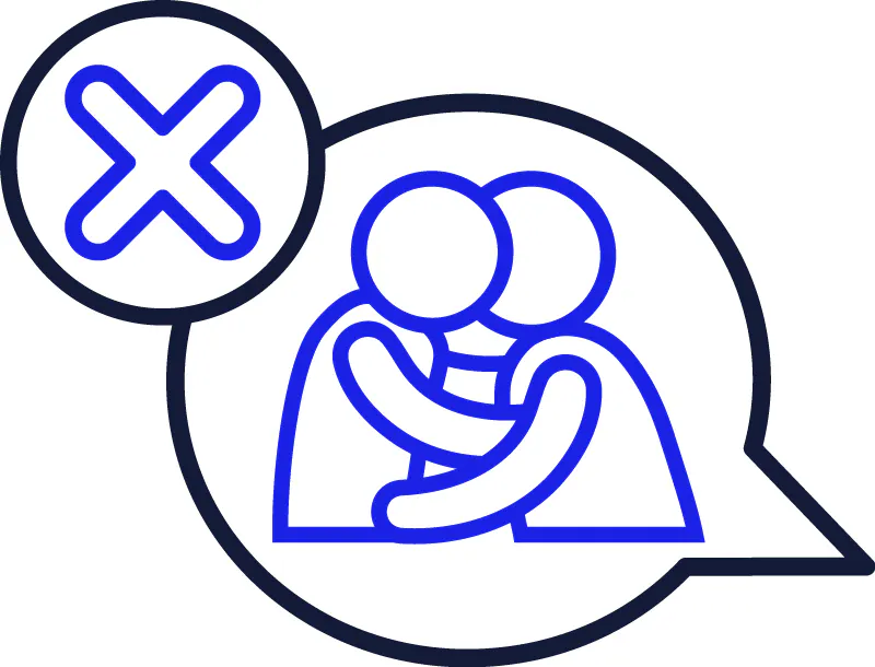2 people holding each other and kissing in a speech bubble. Next to them is a cross.
