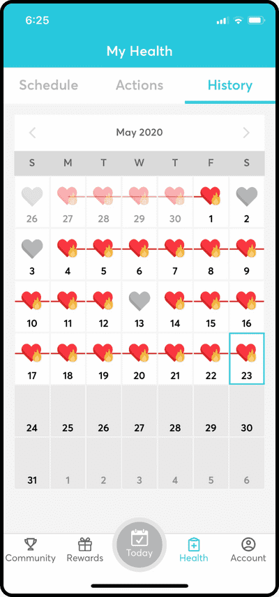 The Perx app shows a calendar with red hearts on days when health tasks were completed