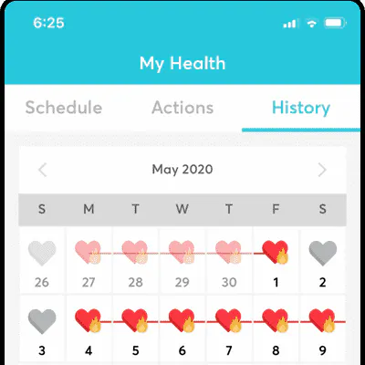 The Perx app shows a calendar with red hearts on days when health tasks were completed