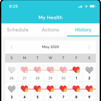 The Perx app shows a calendar with red hearts on days when health tasks were completed