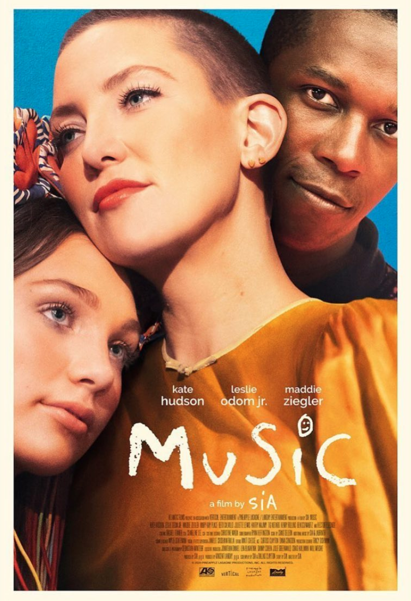 The movie poster for Music, a movie by Sia, features three people - a teenager, woman and man - nestled together. 