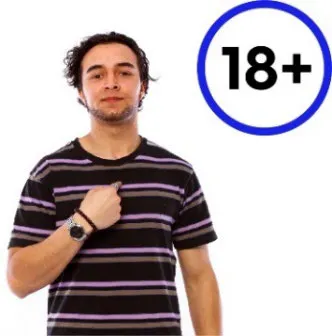 A man pointing to himself with an 18+ symbol.