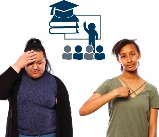 2 women: one is looking down with her hand on her head, the other is pointing to herself. There are icons for learning above them