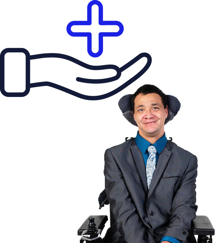 An extra support icon. This icon is of a hand holding a plus. Below it is a person in a wheelchair.
