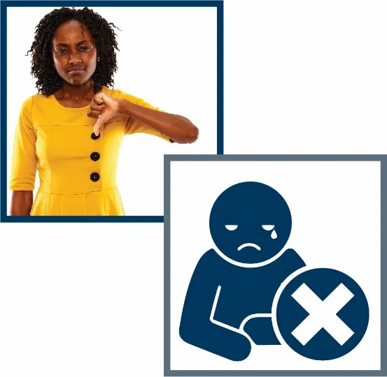 A montage of two images: a woman frowning with thumbs down and an icon of a person sad with a cross