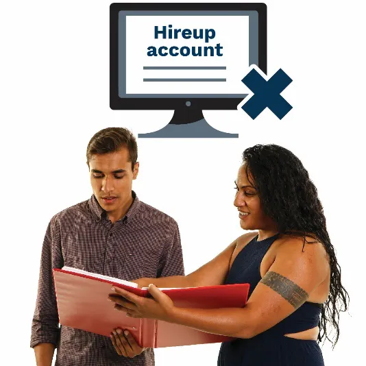  A Hireup account on the computer screen with a cross and a man and a woman looking at a document together