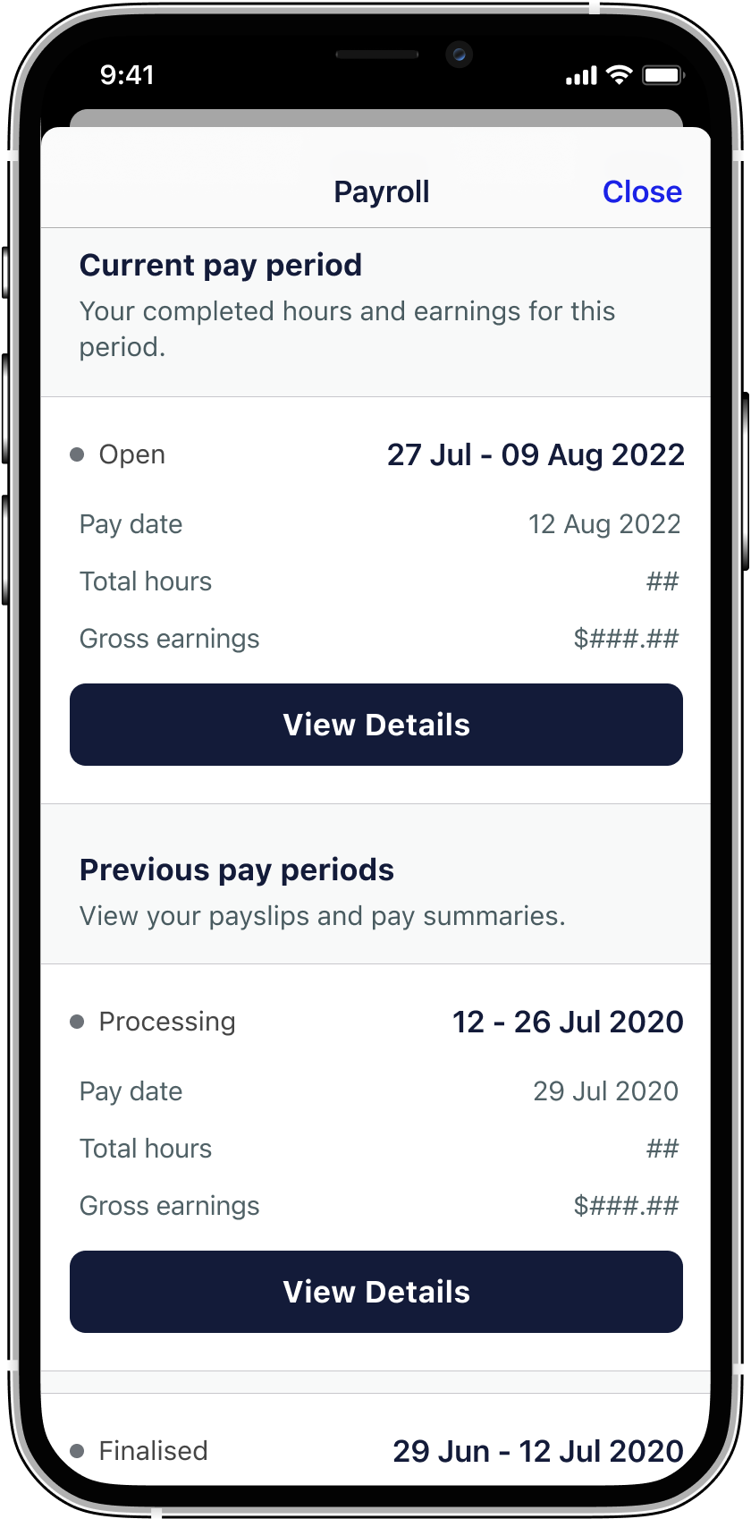 An iPhone showing an example Payslip on the Hireup app.