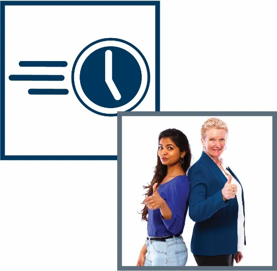 A montage of two images: a clock icon and 2 women smiling with thumbs up