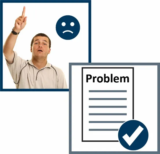 A montage of two images: A man raising his hands to make a complaint and a problem document icon with a tick