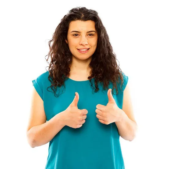 A woman with two thumbs up.