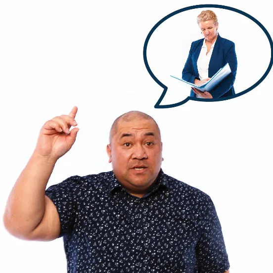 A man raising his hand to say something. He has a speech bubble with a woman looking at a document in it