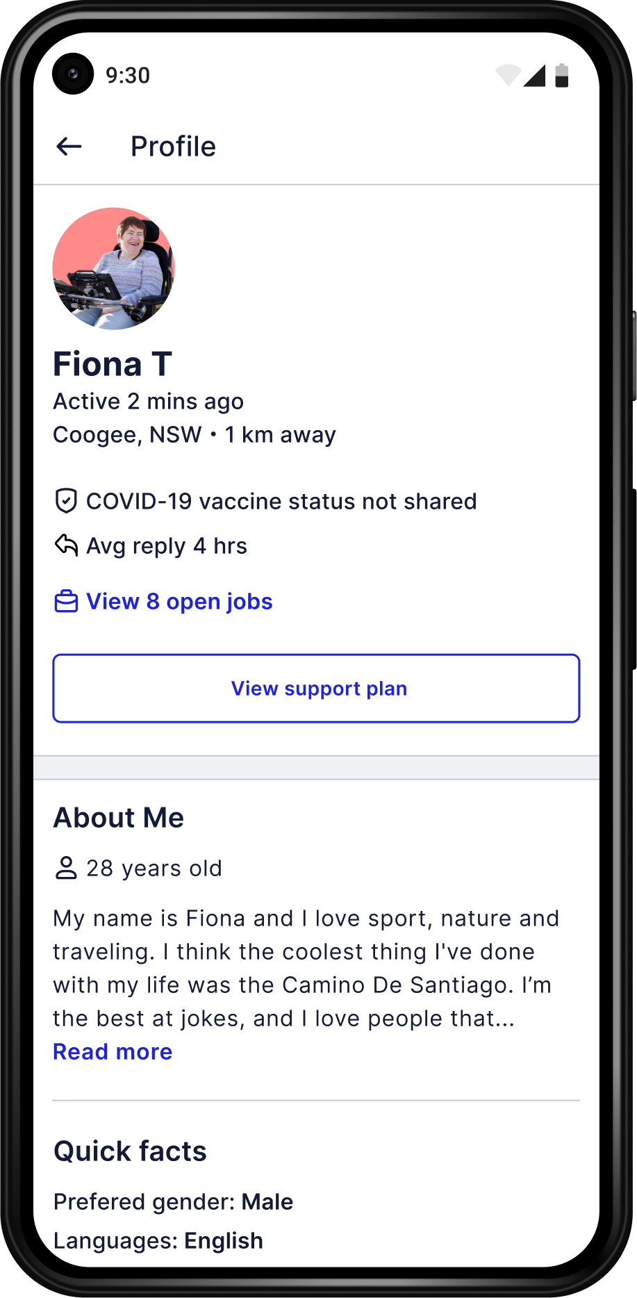 An Android phone showing a client's profile on the Hireup app.
