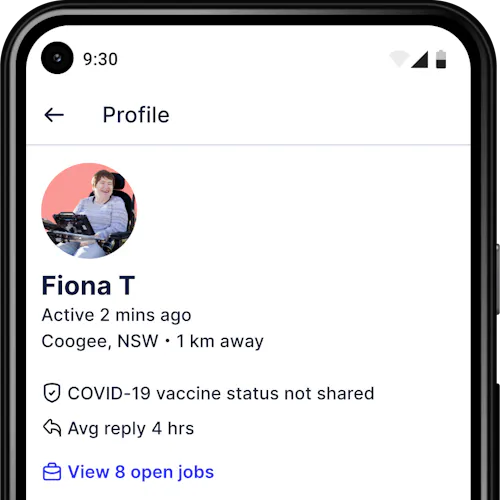 An Android phone showing a client's profile on the Hireup app.