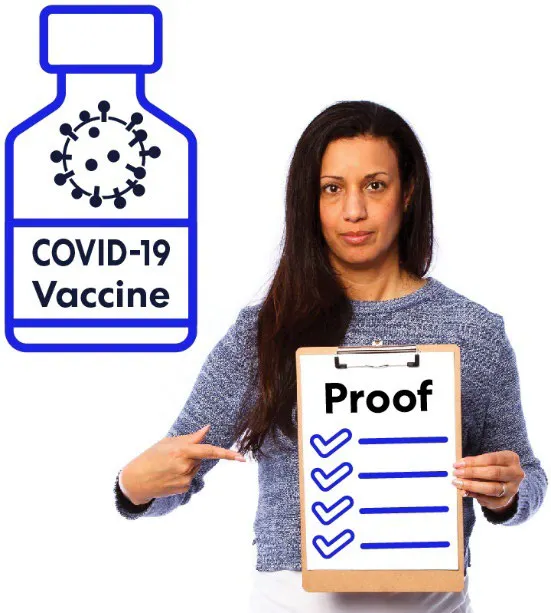 A woman points to herself holding a document titled Proof and a picture of the Covid-19 vaccine.
