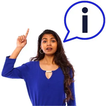 A woman with her hand raised. There is a speech bubble with the information icon in it.