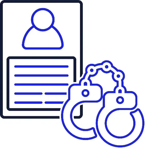 An icon of a list with a picture of a person on it and handcuffs next to it.