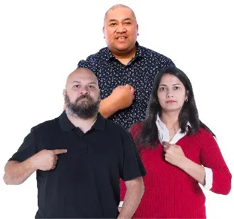 3 support team members pointing to themselves.