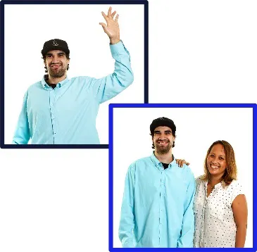 A montage of 2 images. The first is a Hireup user, the second is a support team member with her hand on a Hireup user's shoulder.