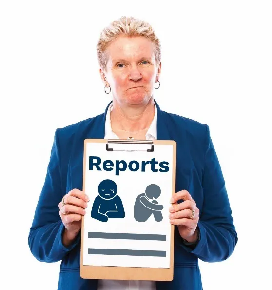 A woman holding a report with icons for abuse and neglected