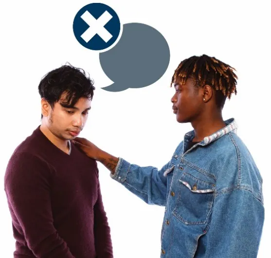 A man supporting another man, putting his hand on the other mans shoulder. The other man is looking down, and has a speech bubble with a cross