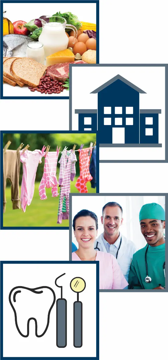 A montage of five images - food, a house icon, clothes on a clothesline, medical workers and icons for dental care