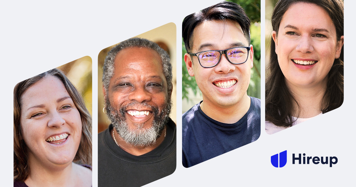 Image of four support worker faces, inclining. The Hireup logo is in the bottom right hand corner of the image. 