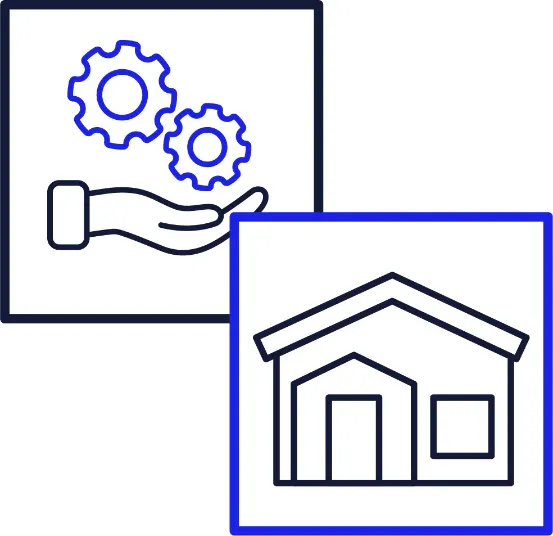 Montage of two images. The first images is an icon of supports and services. The second icon shows a house.