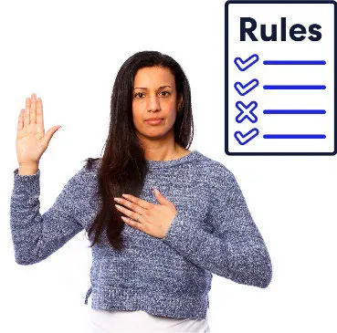 A woman with a hand up next to a Rules icon.