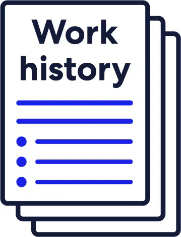 A stack of documents titled Work history.