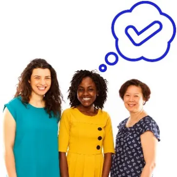 A group of three people. There is a thought bubble above them with a tick in it.