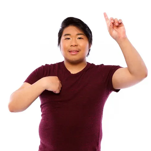A man with one hand raised and the other pointing to himself
