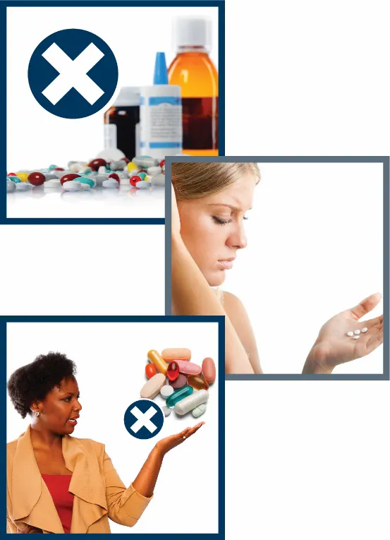 A montage of three images: medicine with a cross, a woman holding medicine and a woman hlding a lot of medicine with a cross