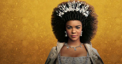 Queen Charlotte is a character in a Netflix series, which this image promotes. A dark-skinned woman dressed in regal attire and wearing a crown is featured in font of a yellow background.