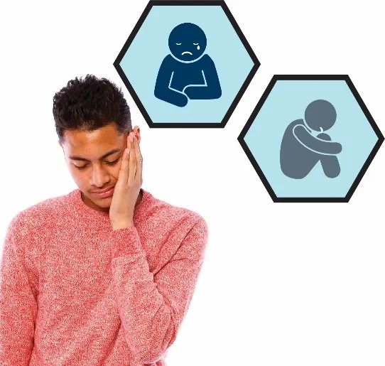 A man looking down with his hands on his face. There are icons for abuse and neglect next to him