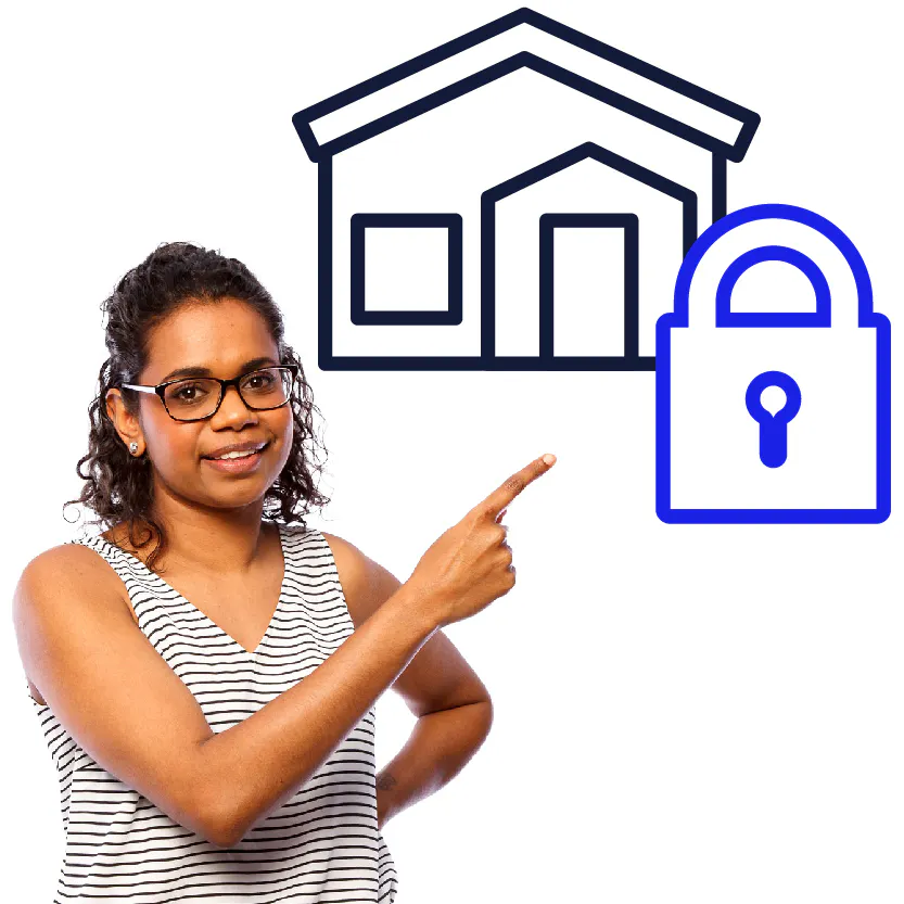 A person pointing to a house and a lock.