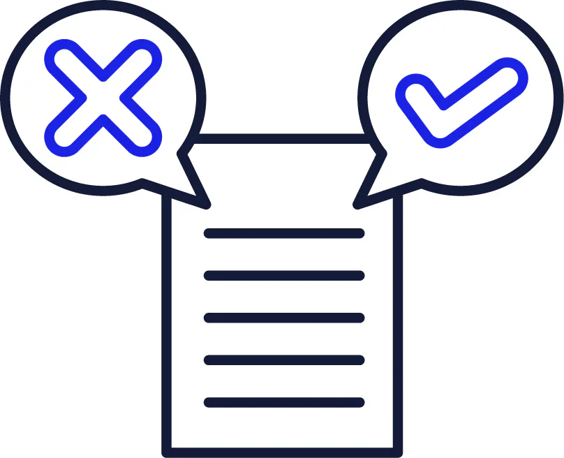 A document with 2 speech bubbles. One speech bubble has a tick and the other a cross.