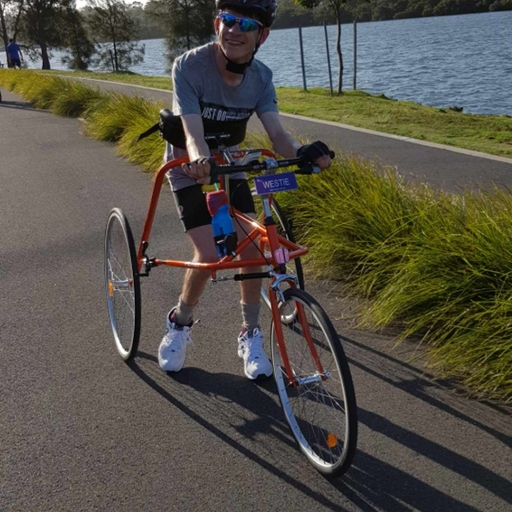 Andrew wears a helmet, sunglasses and other bike riding gear. He's smiling and is using a Frame Running bike that has a number plate on it that reads 'Westie'. He's on a bike path near a water way. 