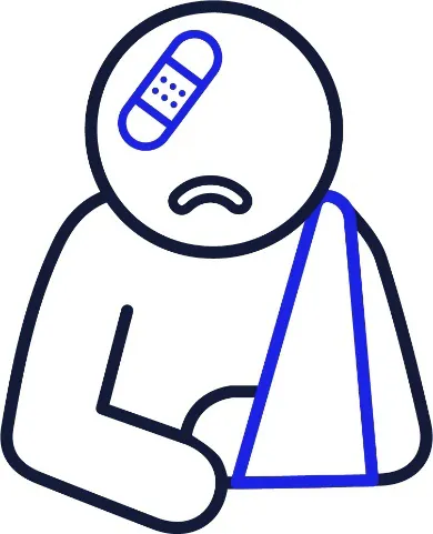 A person is hurt and looking sad. There is a cross through this picture.