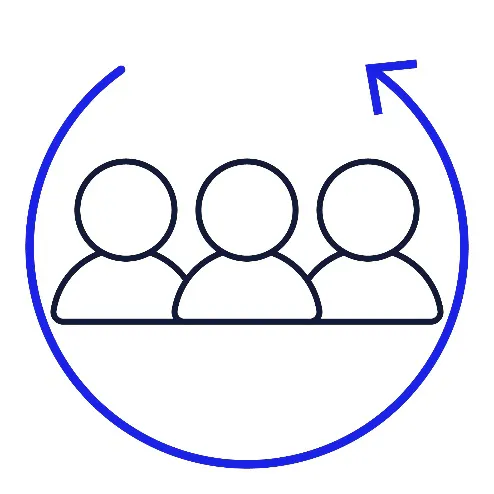 An icon of people with an circular arrow around it.