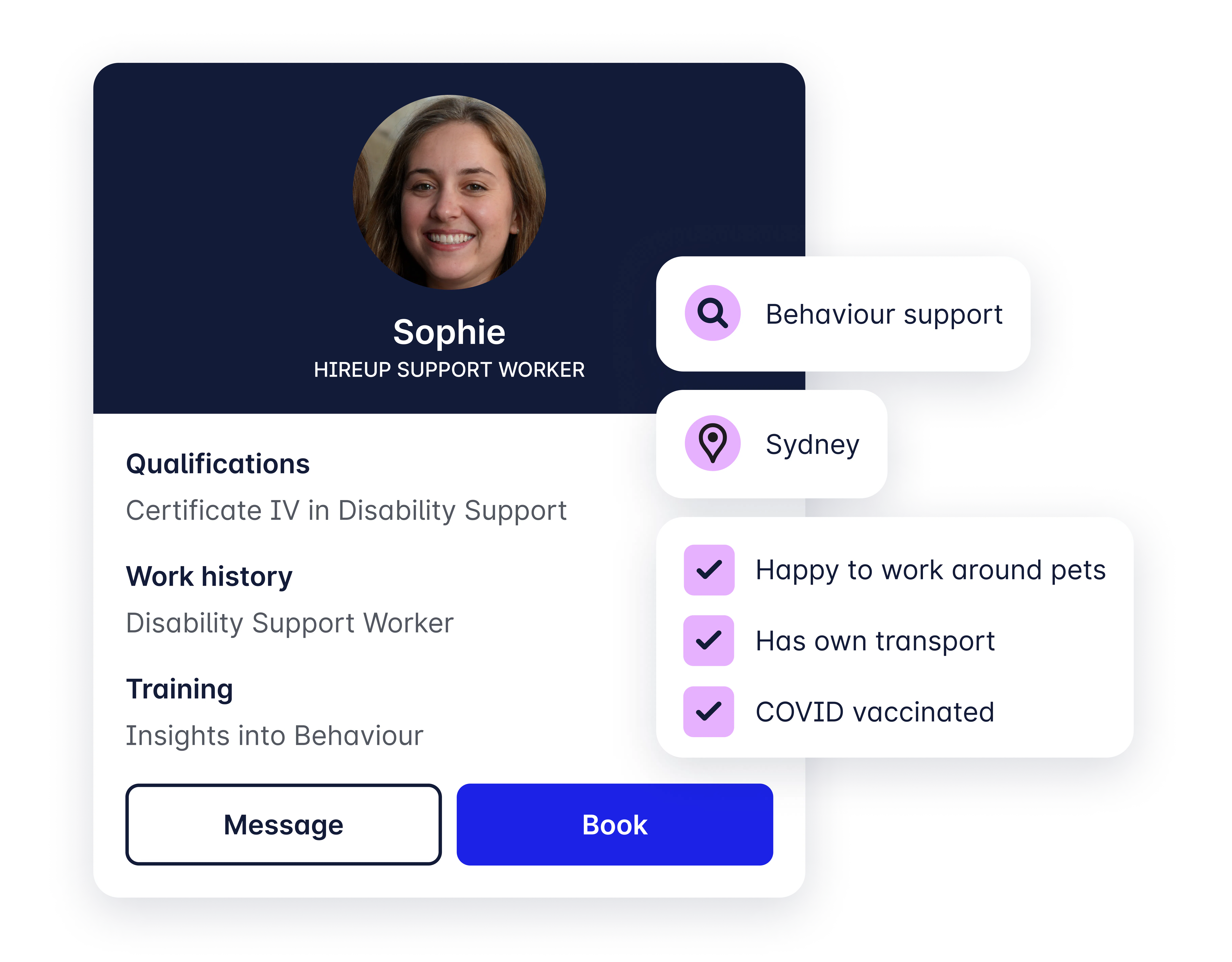 A screenshot of a Hireup support worker's profile, including their qualifications, location, work history, plus that they're happy to work around pets, have their own transport and are COVID vaccinated.