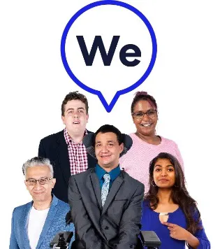 A group of diverse people and a speech bubble that has the word 'We' inside of it.