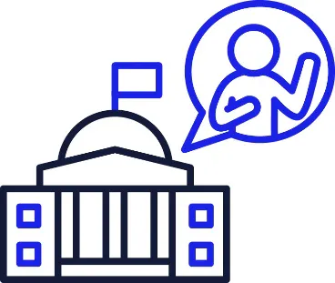 A Government building next to a speech bubble with a person in it.