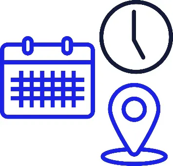 A set of 3 icons. The icons are a calendar, a clock and a location icon.