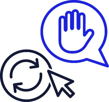 2 icons. The icons are a computer mouse next to a change icon and a speech bubble with a stop icon inside it.