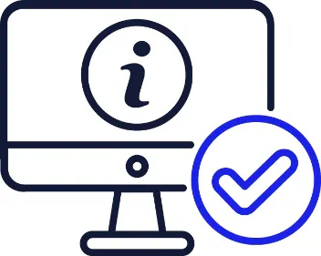 A tick next to a computer screen with an information icon on it.