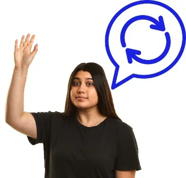 A person with their arm raised. Next to them is a speech bubble with a change icon in it.