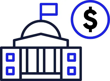 A Government building and a money icon.