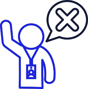 A support worker with their arm raised. Next to them is a speech bubble with a cross in it.